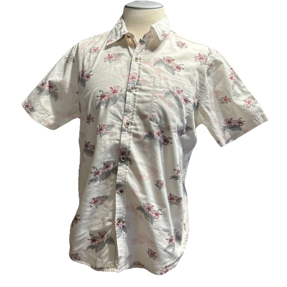 VSTR Men’s Premium Short Sleeve Shirt Size M White Floral Button Up Casual Surf